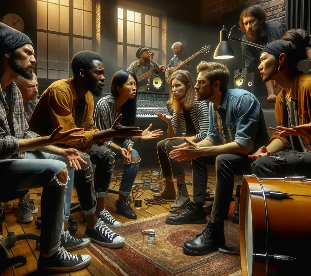 discussion among artists in a music studio